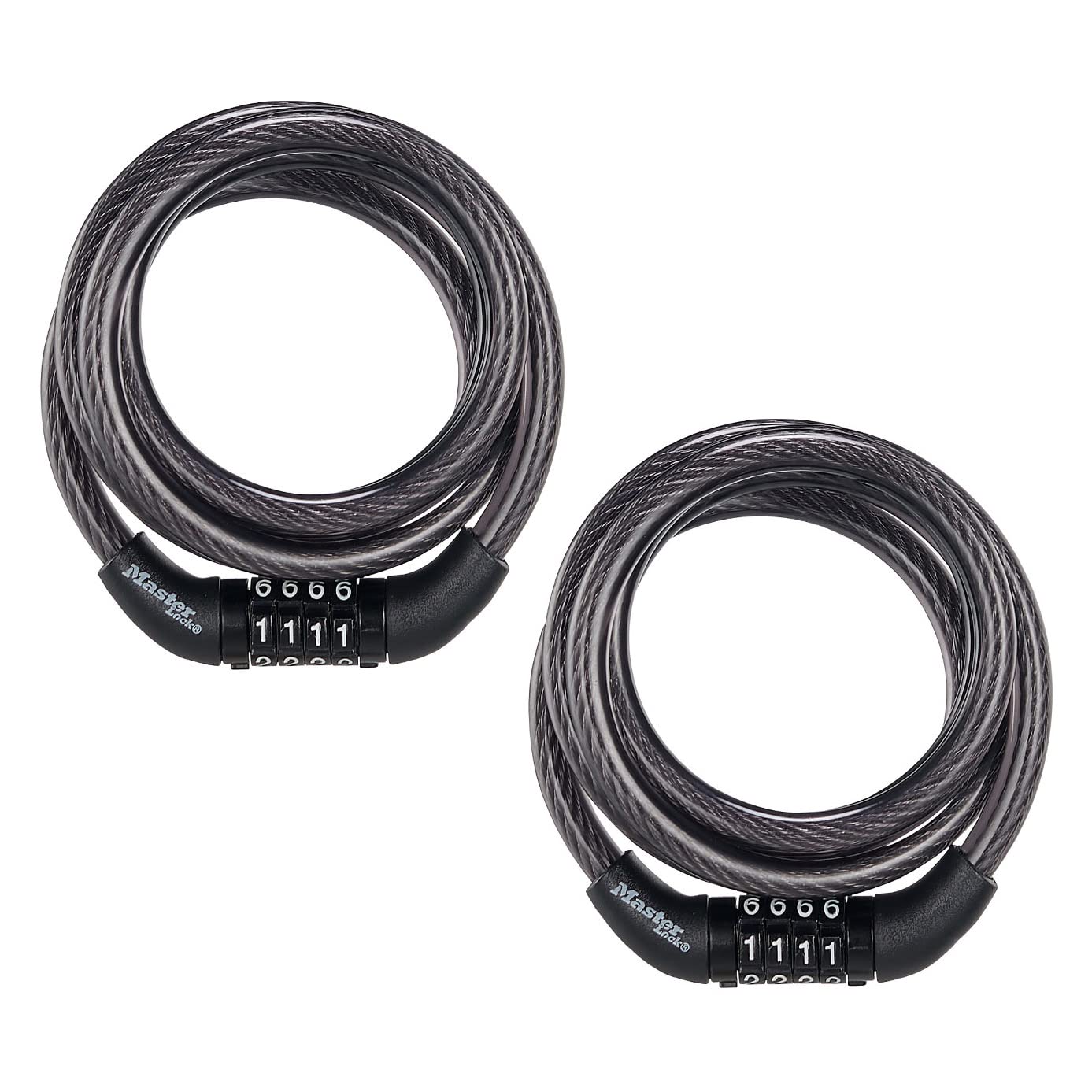Master Lock Black Set Preset Combination Bike Lock, Metal Cable Lock has a Weather Resistant Vinyl Coating for Outdoor Equipment, Bicycles, 4 Feet Long, Pack of 2, 8143T