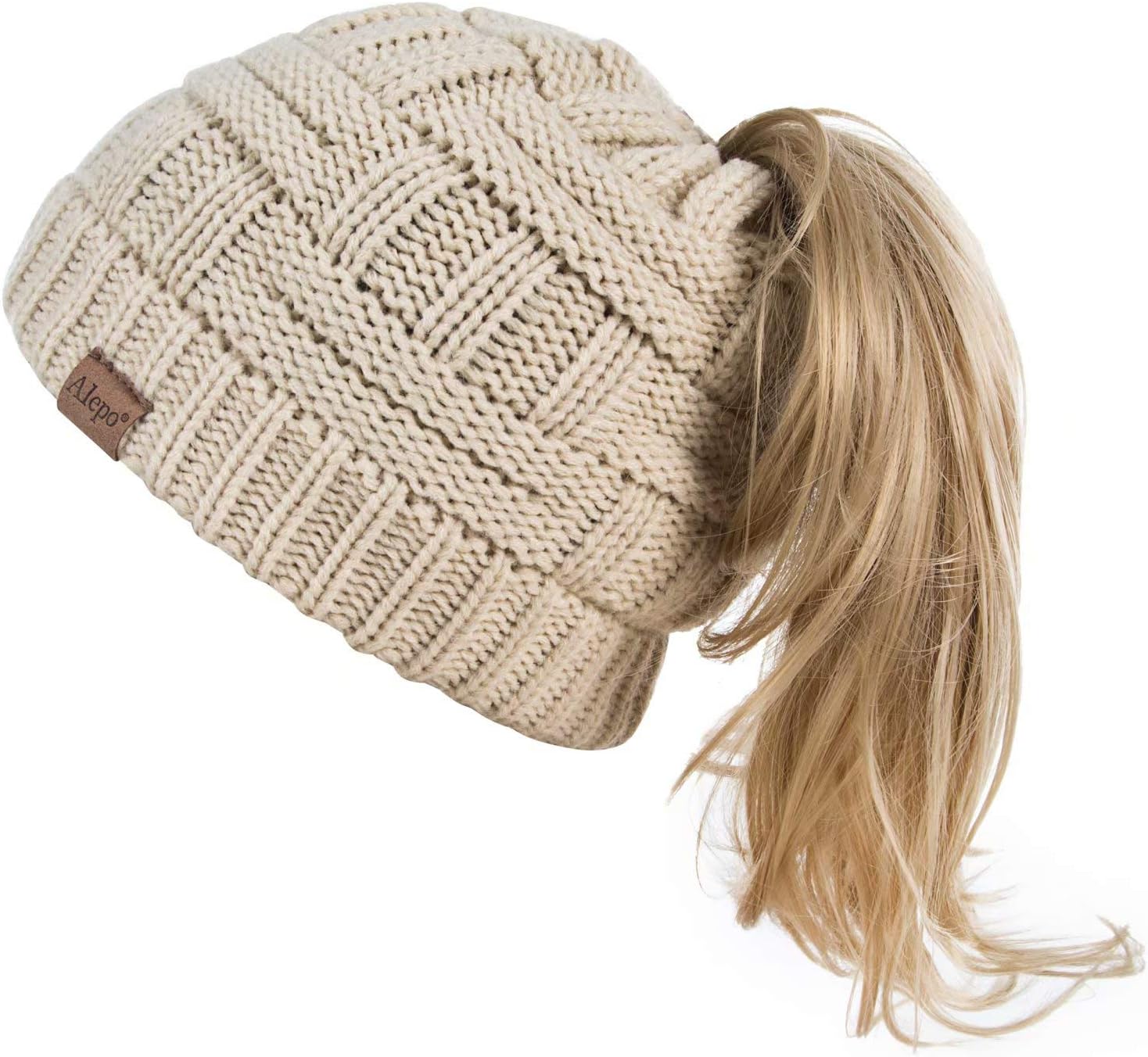 Alepo Womens High Messy Bun Beanie Hat with Ponytail Hole, Winter Warm Trendy Knit Ski Skull Cap