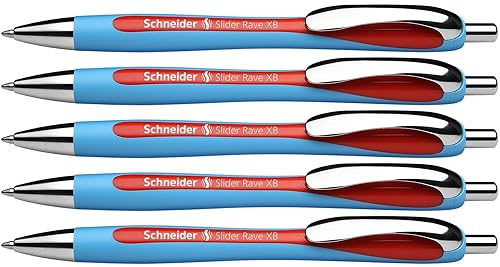 Schneider Slider Rave XB (Extra Broad) Ballpoint Pen, Refillable + Retractable, 1.4 mm, Light Blue Barrel, Red Ink, Box of 5 Pens (132502)