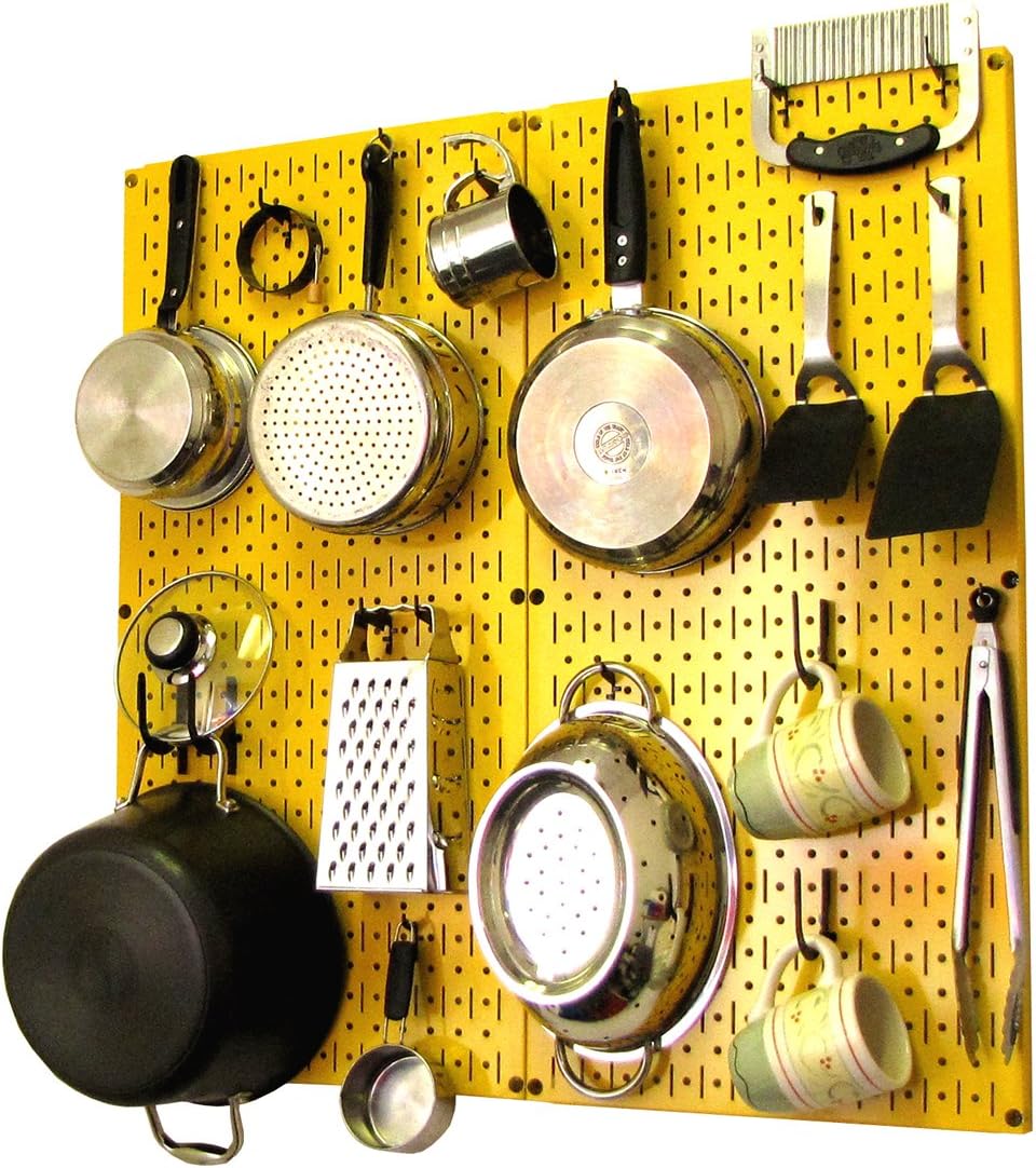 Wall ControlKitchen Pegboard Organizer Pots and Pans Pegboard Pack Storage and Organization Kit with Yellow Pegboard and Black Accessories
