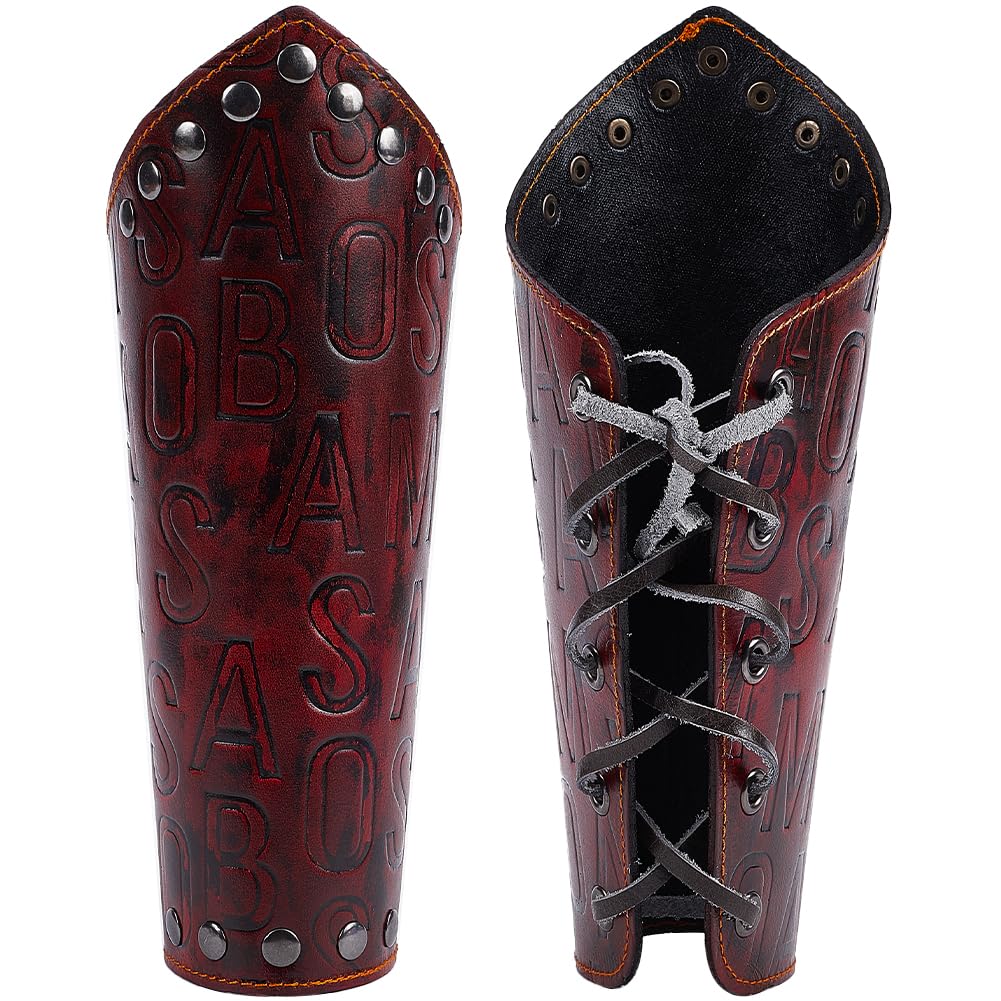 GORGECRAFT 2PCS Leather Gauntlet Wristband Medieval Leather Arm Guards Alphabet Embossing Retro PU Leather Bracers Adjustable Leather Arm Armor Cuff for Halloween Knight Cosplay Costume, Coconut Brown