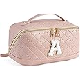Telena Makeup Bag Large Capacity Travel Cosmetic Bag Portable PU Leather Water Resistant Makeup Organizer Bags for Women with Handle and Divider Open Flat Pink-A