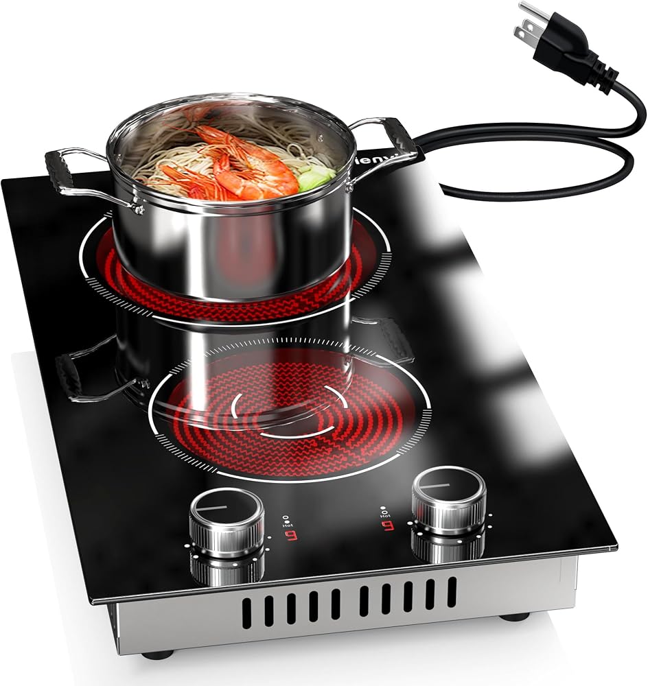 Karienvir 2 Burner Electric Cooktop 110v Knob Control | 2000W Two Burner Electric Cooktop with Plug, 12 Inch Countertop Stove