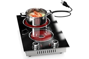 Karienvir 2 Burner Electric Cooktop, 12 Inch Countertop & Built-in Electrical Stovetop, 110V Electric Stove with Plug, Knob Control, 9 Power Level, 2000W(1400W+600W)