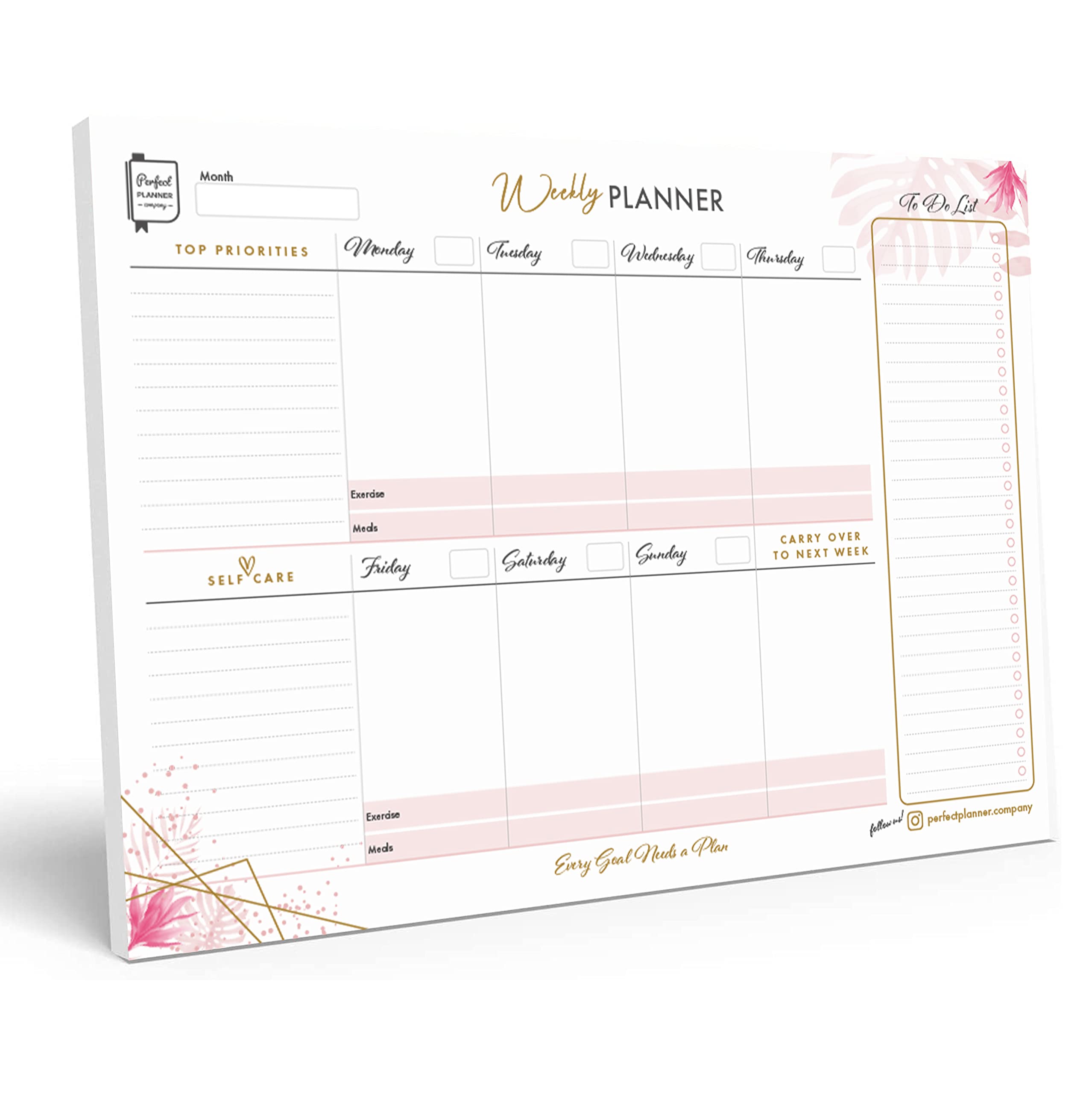 Perfect Planner Company - A4 Weekly Planner Desk Pad - Undated Tear Away Pages - With To Do List, Self Care, Top Priorities - 90gsm FSC paper - Landscape, 50 Pages