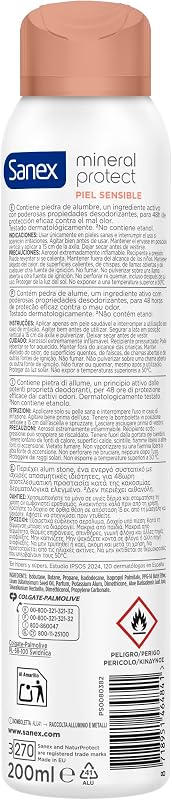 Sanex natur protect desodorante spray, embalagem 6 unidades x 200ml, proteção 24h contra mau odor, com pedra de alúmen, álcool 0%, sem alérgenos ou corantes, pele sensível
