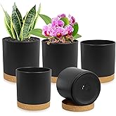 WSMKSZ 5 Pack Cylindrical Flower Pots with 7/6.5/6/5/4 inch, Modern Small Plastic Plant Pots with Drainage Holes & Saucers, Round Planter Pots for Outdoor, Indoor & Office Decor (Black Brown)