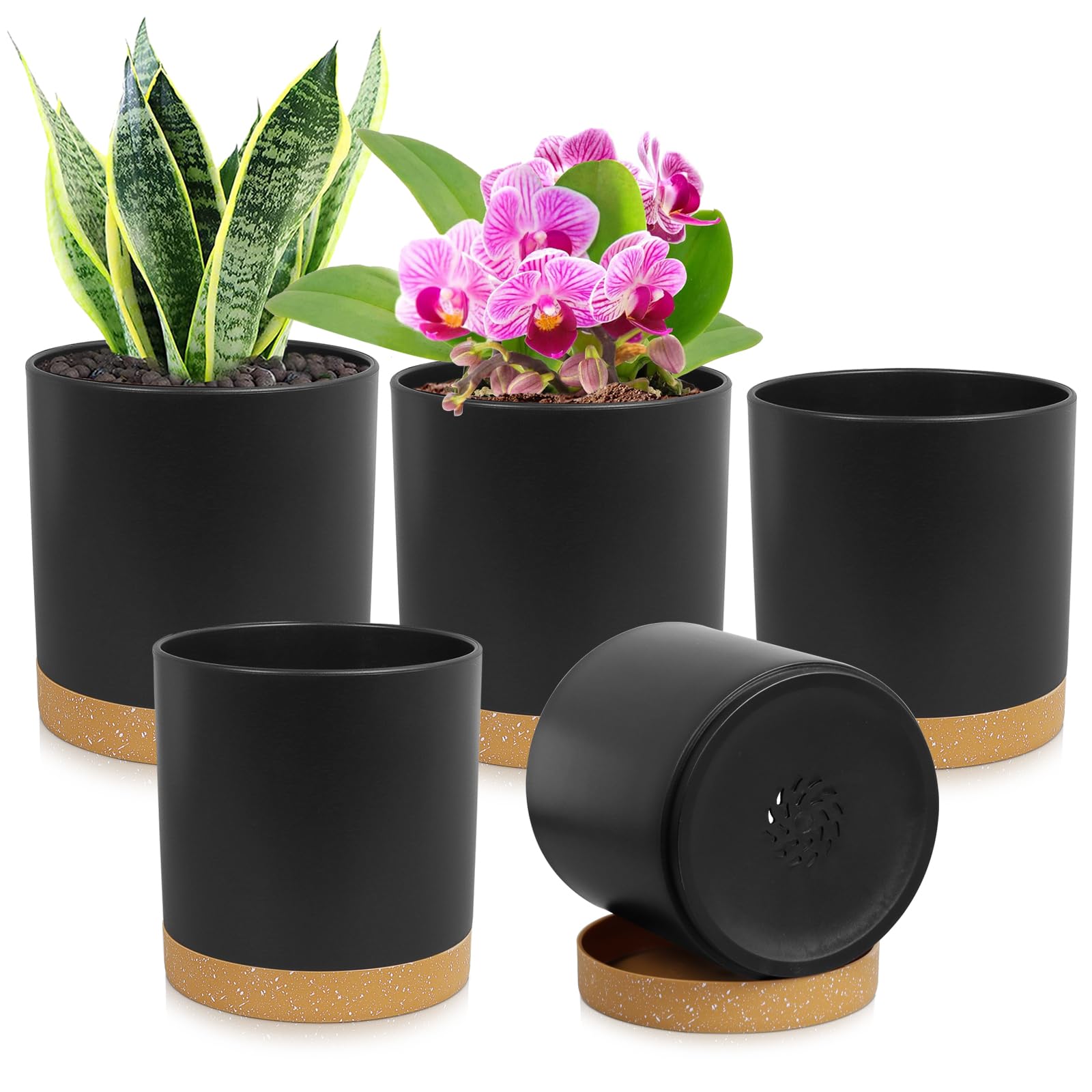 Photo 1 of WSMKSZ 5 Pack Cylindrical Flower Pots with 7/6.5/6/5/4 inch, Modern Small Plastic Plant Pots with Drainage Holes & Saucers, Round Planter Pots for Outdoor, Indoor & Office Decor (Black Brown)