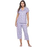 Casual Nights Women's Super Soft Capri Pajamas Set, Short Sleeve Button Down Shirt with Pants PJ Set with Pockets