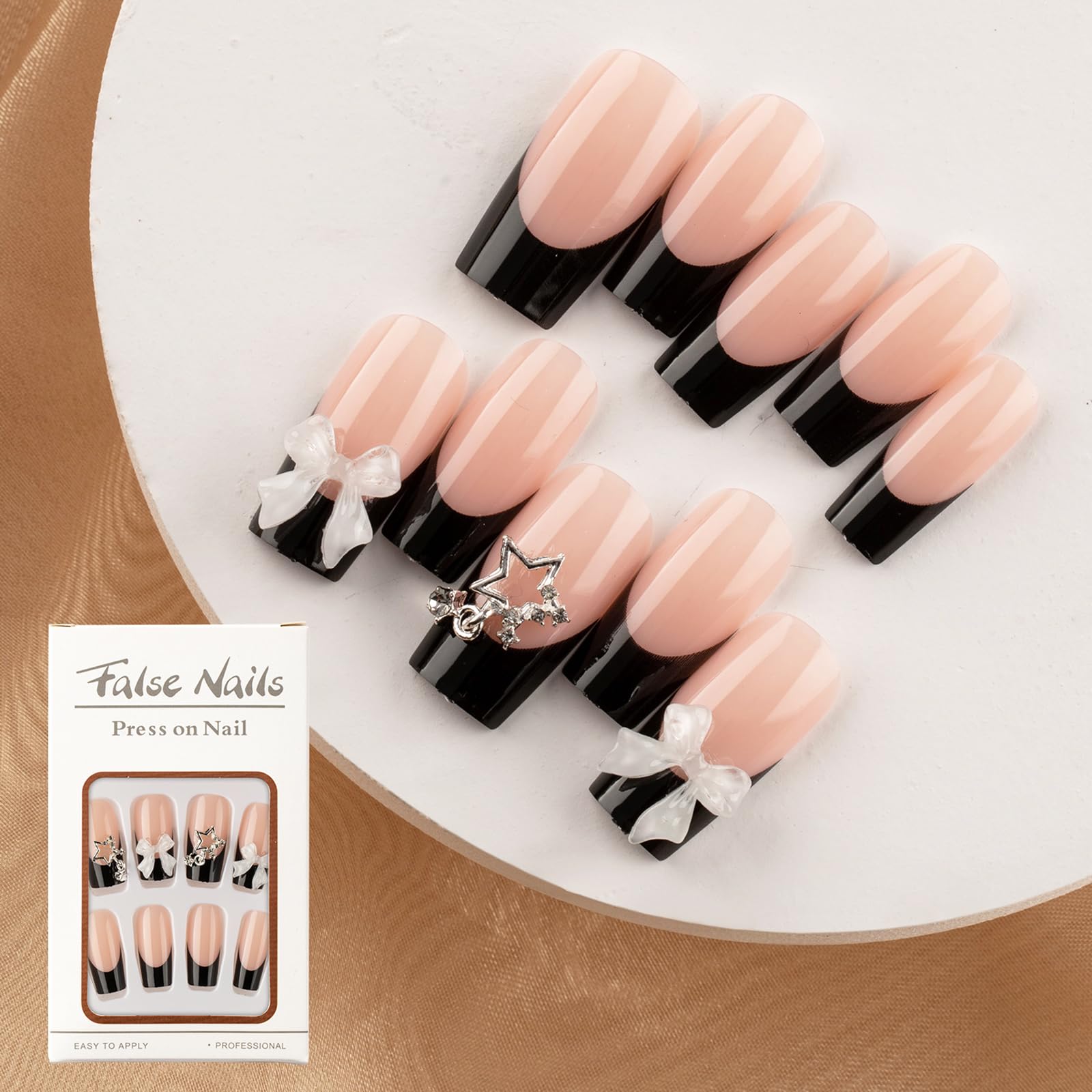 Black French Tip Press on Nails Medium Fake Nails Square Full Cover Glue on Nails Bow-Knot Star Designs Cute False Nails Glossy Stick on Nails for Women Acrylic Manicure Salon 24Pcs - Image 5