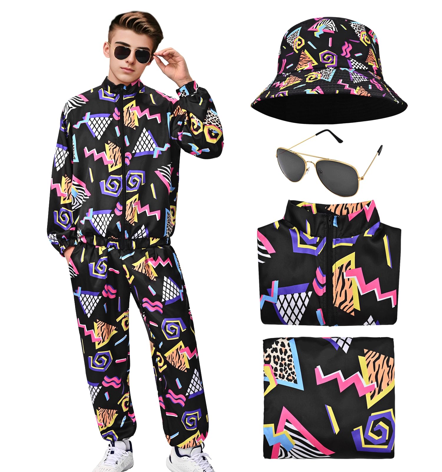 HarnyLoom 80s 90s Fancy Dress Costume Men Women Adults, Shell Suit Rave Tracksuit Retro Outfit Jacket Hip Hop Rapper Disco Accessories Carnival Halloween Party (M, Black) — image 1