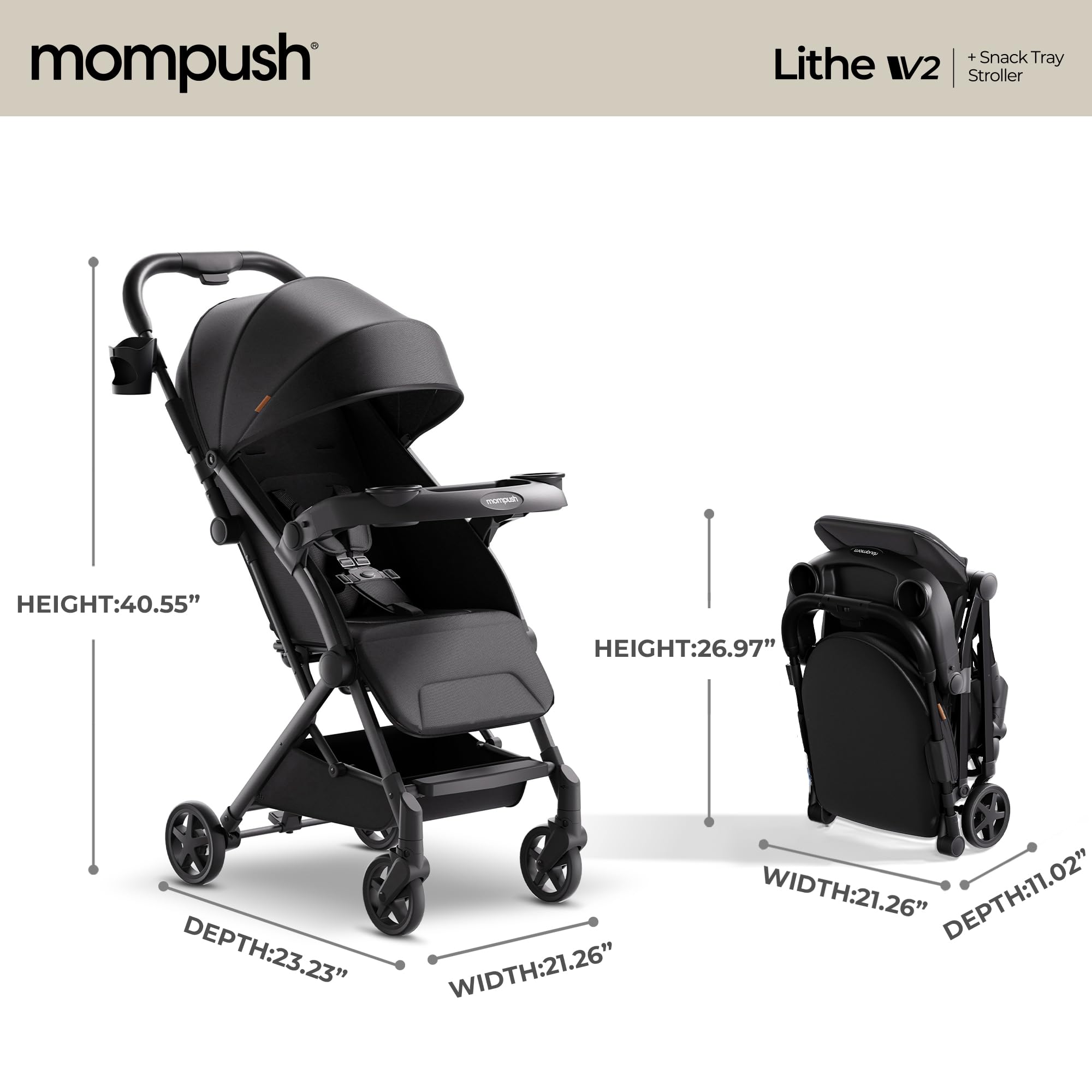 Mompush Lithe V2 Lightweight Travel Stroller, Compact Foldable Baby Stroller with Travel Bag, One-Hand Fold Stroller, Snack Tray, Mechanical Recline Seat, Airplane-Ready, UPF 50+ Canopy & Rain Cover