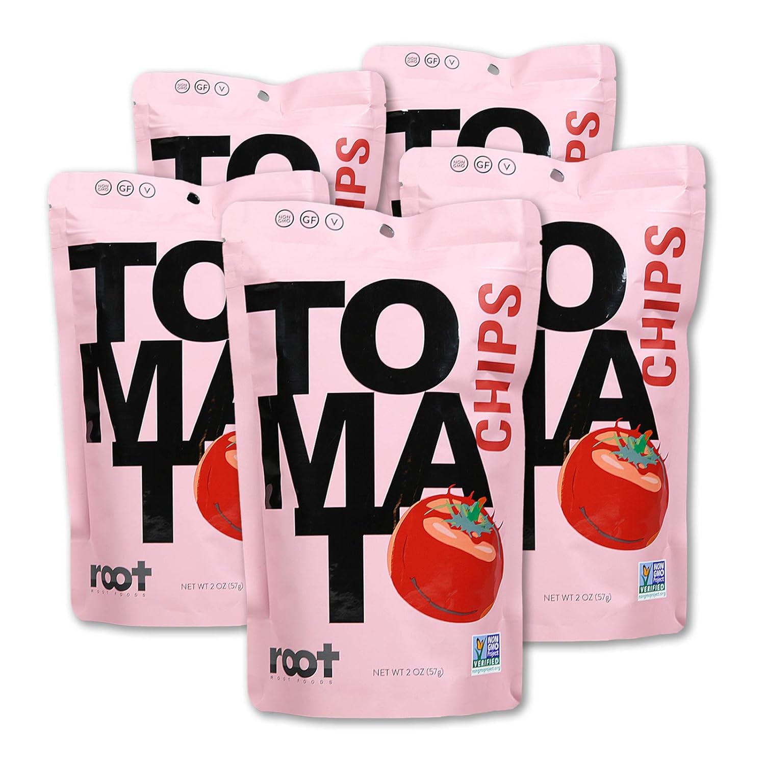 Root Foods Tomato Chips Veggie Snack, Non-GMO Vegetable Chip with Sea Salt, Good for Adults, Kids, Made with Real Tomatoes, Vegan, Gluten Free, Halal, Kosher, 2oz Bag, 5 Pack