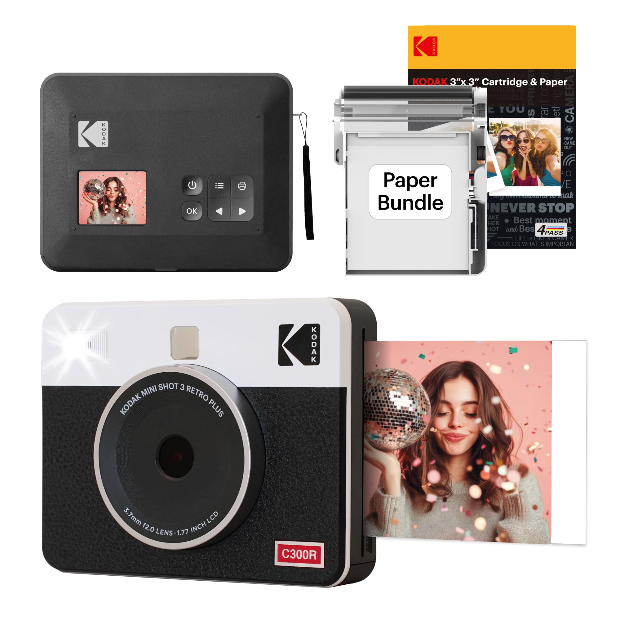 KODAK Mini Shot 3 Retro 4PASS 2-in-1 Instant Camera and Portable Photo Printer (7.6 x 7.6 cm) plus Package with 38 Sheets, White