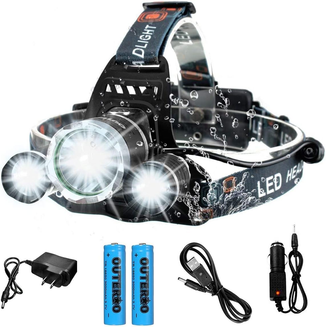 LED Headlamp Headlight Hard hat Flashlight Camping Cycling Hunting Fishing Climbing Running Outdoor Head Lamp with 4 Modes 5000LM Waterproof (Li-On Rechargeable Battery+AC Charger)