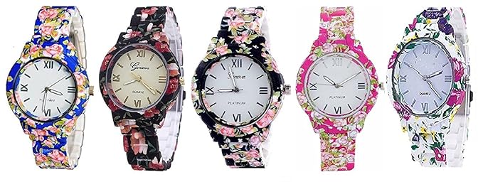 Swadesi Stuff Combo of 5 Analogue Geneva White Dial Luxury Women&Girls Watches Multi Color-Pink,Blue,Black,Orange,Red