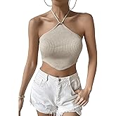 SweatyRocks Women's Sleeveless Tie Back Asymmetrical Hem Knitted Halter Cami Crop Top