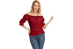 frawirshau Steampunk Pirate Shirt Renaissance Peasant Blouse Off The Shoulder Tops Short Sleeve Smocked Wench Top Lightweight