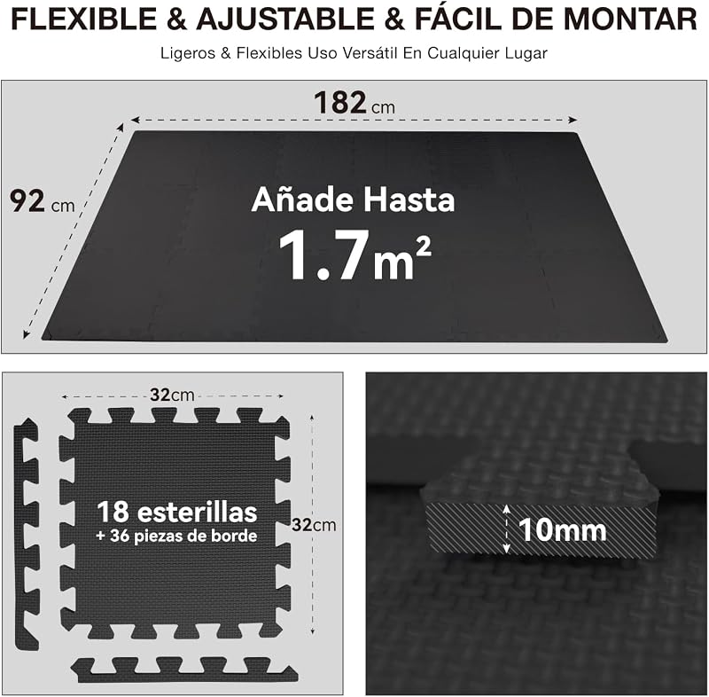 Juego de 18 alfombrillas para suelo de gimnasio, espuma EVA de alta densidad, antideslizantes y de alta amortiguación, ideales para yoga y fitness, perfecto para gimnasio en casa, 30x30 cm