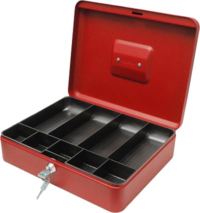 Cathedral Products Key Lockable Cash Box 12 Inch Red with 9 Compartment Tray