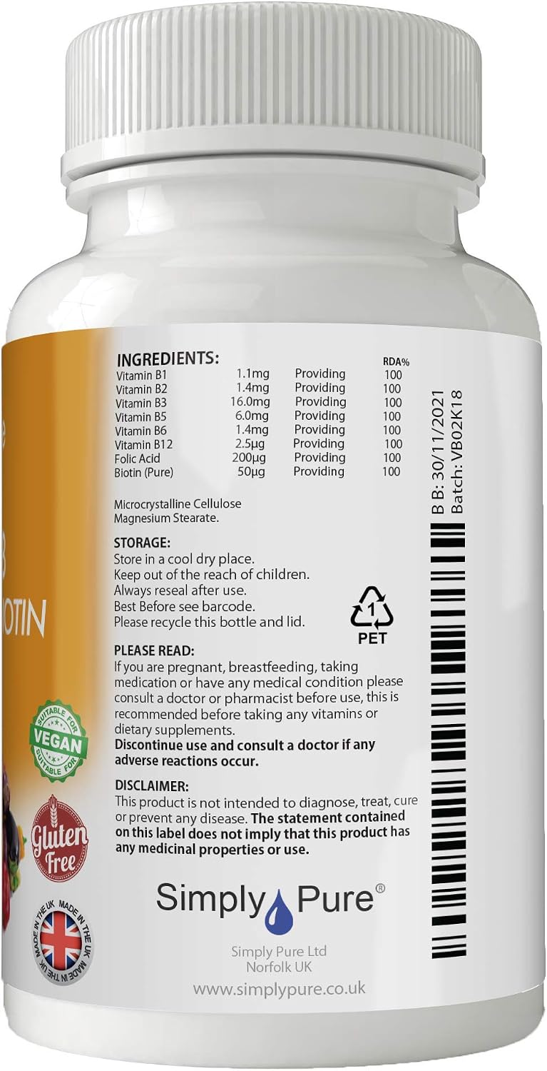 Simply Pure Vitamin B Complex with Biotin for Tiredness Hair Strength & Growth and Immunity Boost, 90 count (Pack of 1) - Image 4