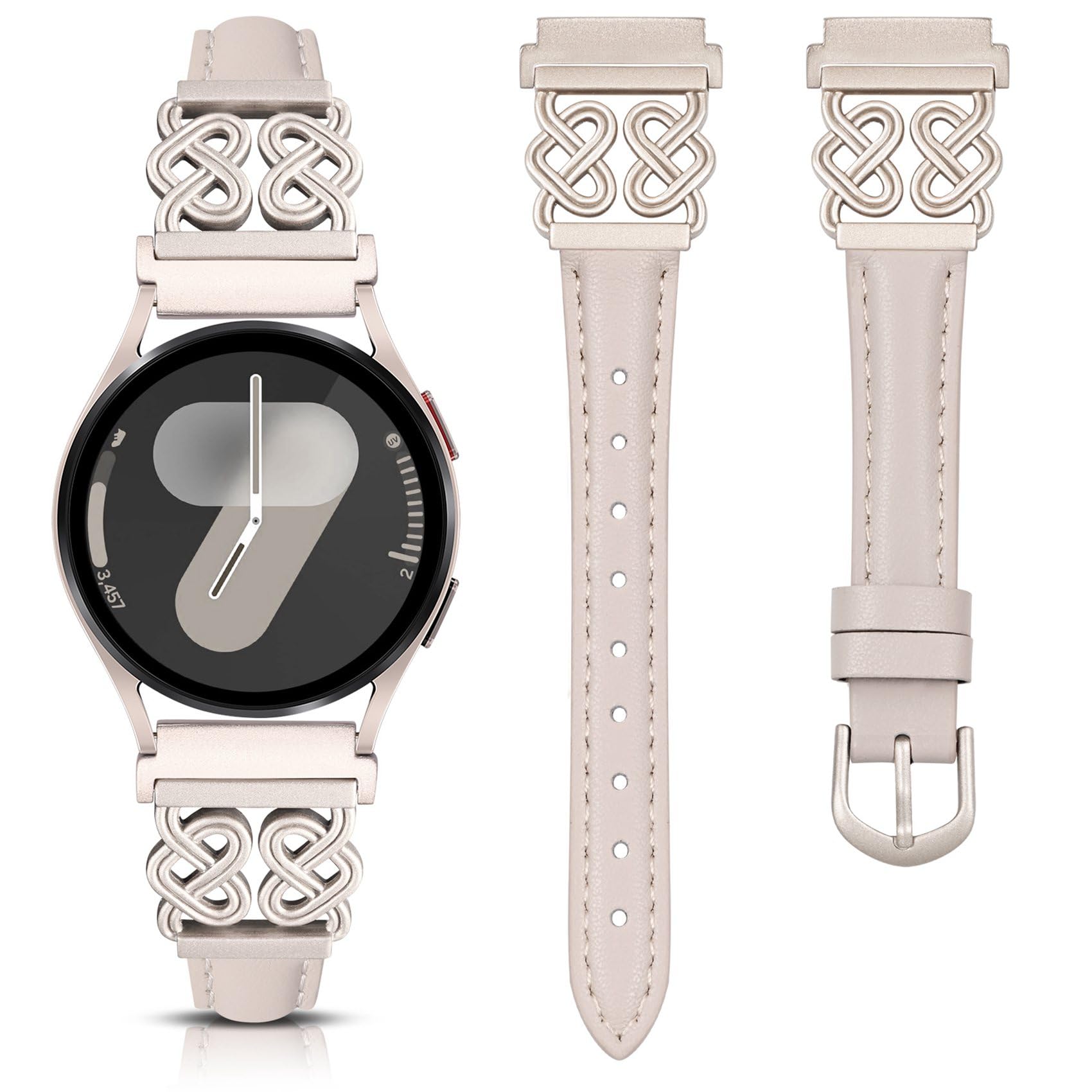 TOYOUTHS Leather Band Compatible with Samsung Galaxy Watch 7/6/5/4/Active 2 40mm 44mm Band Women, 20mm Dressy Slim Strap with Celtic Heart-Shaped Knot Buckle for Watch 6 Classic, Starlight/Starlight