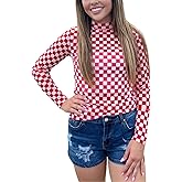 ChiyeeKiss Womens Pep Rally Checkered Mesh Shirt Game Day Spirit Sheer Tshirt Mock Neck Long Sleeves Bodycon Pullover Tops