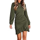 R.Vivimos Fall Elegant Dresses for Women Long Sleeve Crewneck Trendy Ruched Ruffle Hem Spring Casual Mini Dress