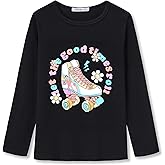 Dvenki Long Sleeve T-Shirt for Girls - Cute Roller Skating, Cheetah & Smiling Face Print Top Kids Graphic Tees Size 6-18