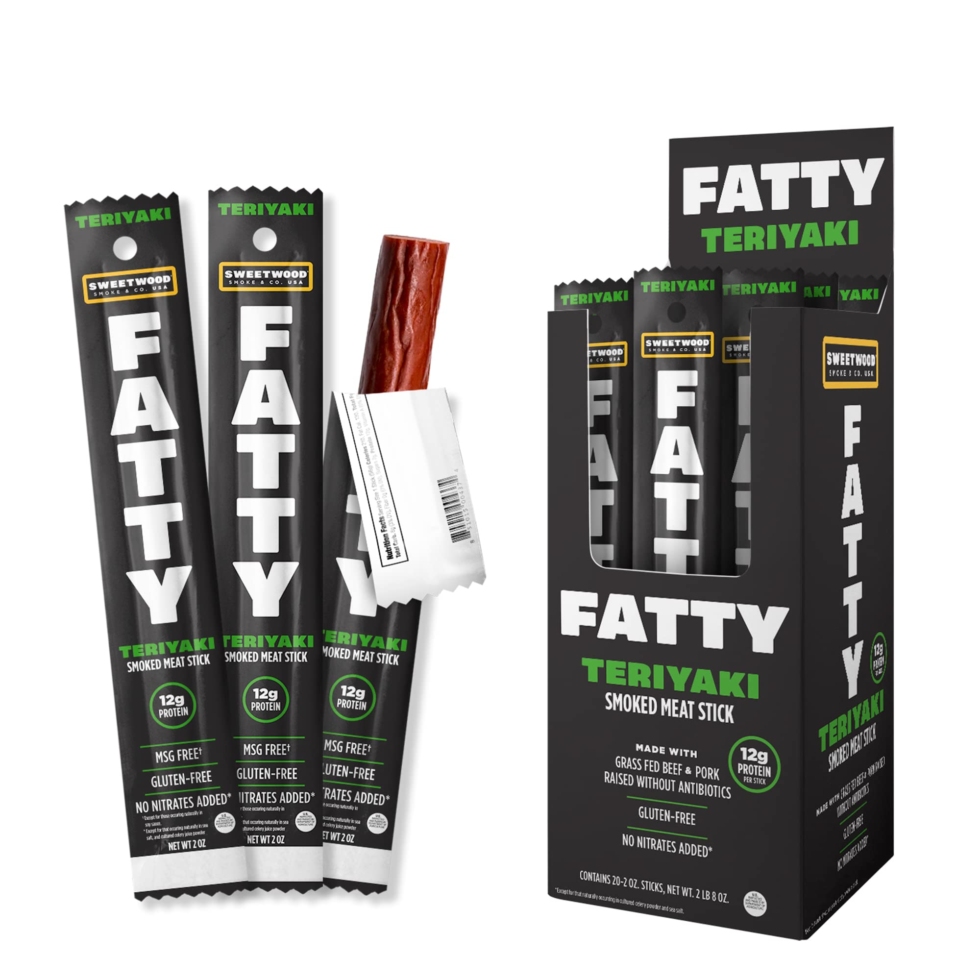 Photo 1 of **BB 5/1/2026***FATTY Meat Sticks, Grass-Fed Beef, High Protein Snack, Camping, Sports, Road Trip, Low Carb, Gluten Free, MSG Free, Nitrate Free, Teriyaki Flavor, 2 Ounce (Pack of 20)