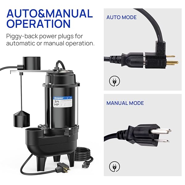 ACQUAER SEWAGE PUMP SUBMERSIBLE WATER PUMP WITH AUTOMATIC FLOAT SWITCH, FOR SUMP BASIN, RESIDENTIAL SEWAGE, 3/4 HP 6400 GPH SEWAGE PUMP WITH VETICAL FLOAT 2” NPT