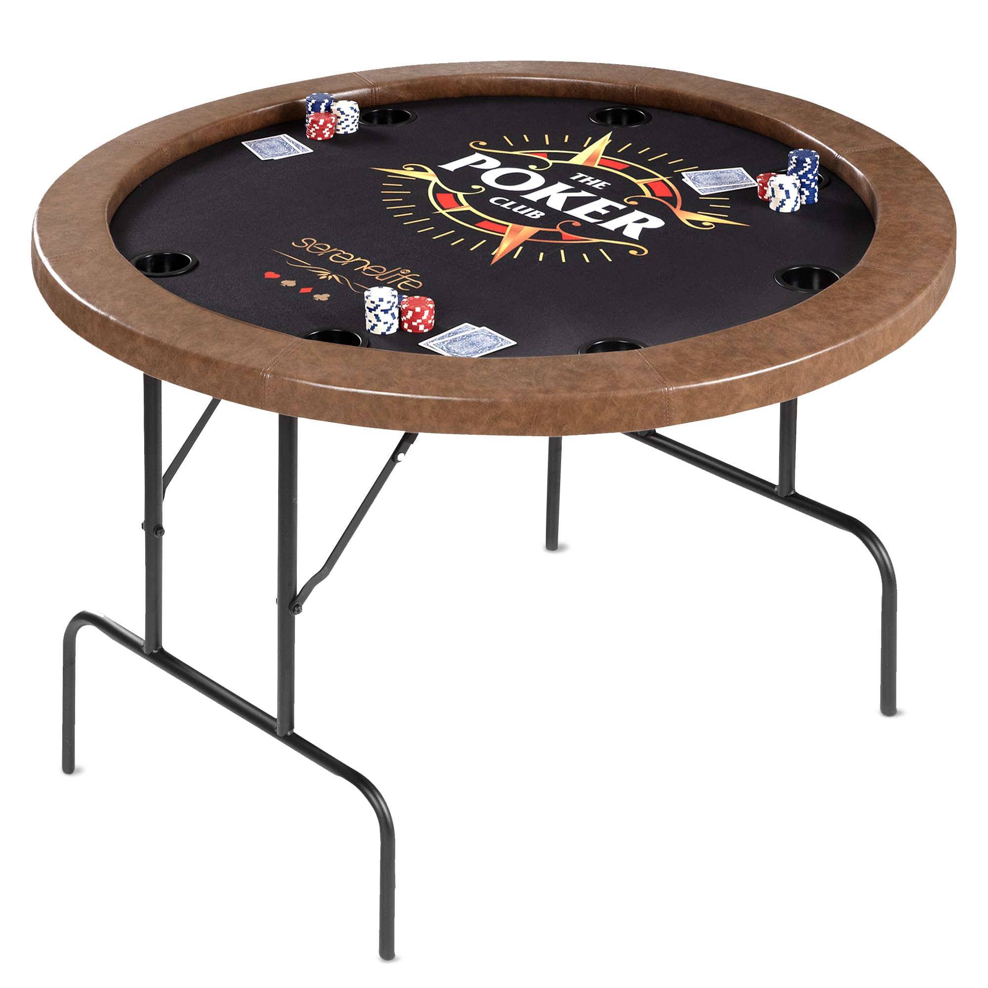 Photo 1 of ******************* The edge of the table is cut with a box opener******************
SereneLife 8- Player Round Foldable Poker Table, Casino Leisure Texas Holdem Table, w/ water Resistant Cushioned Rail, 8 Cup Holders, Brown Felt Surface, Black Jack Board