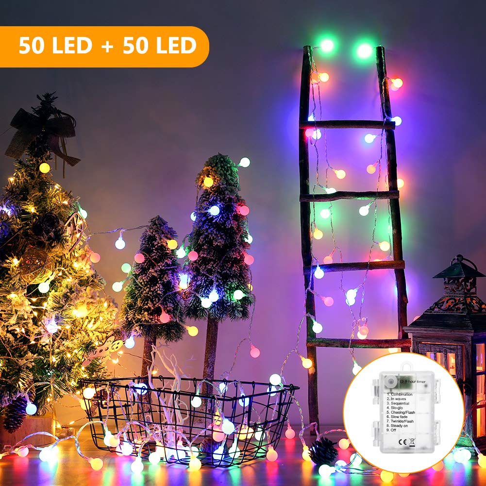 BrizLabs 2 Pack Multicolor Christmas Lights, 50 LED 17.07ft Globe String Lights Battery Powered, Waterproof 8 Modes Ball Lights for Indoor/Outdoor, Wedding Party, Dorm Room, Bedroom, Xmas Decor