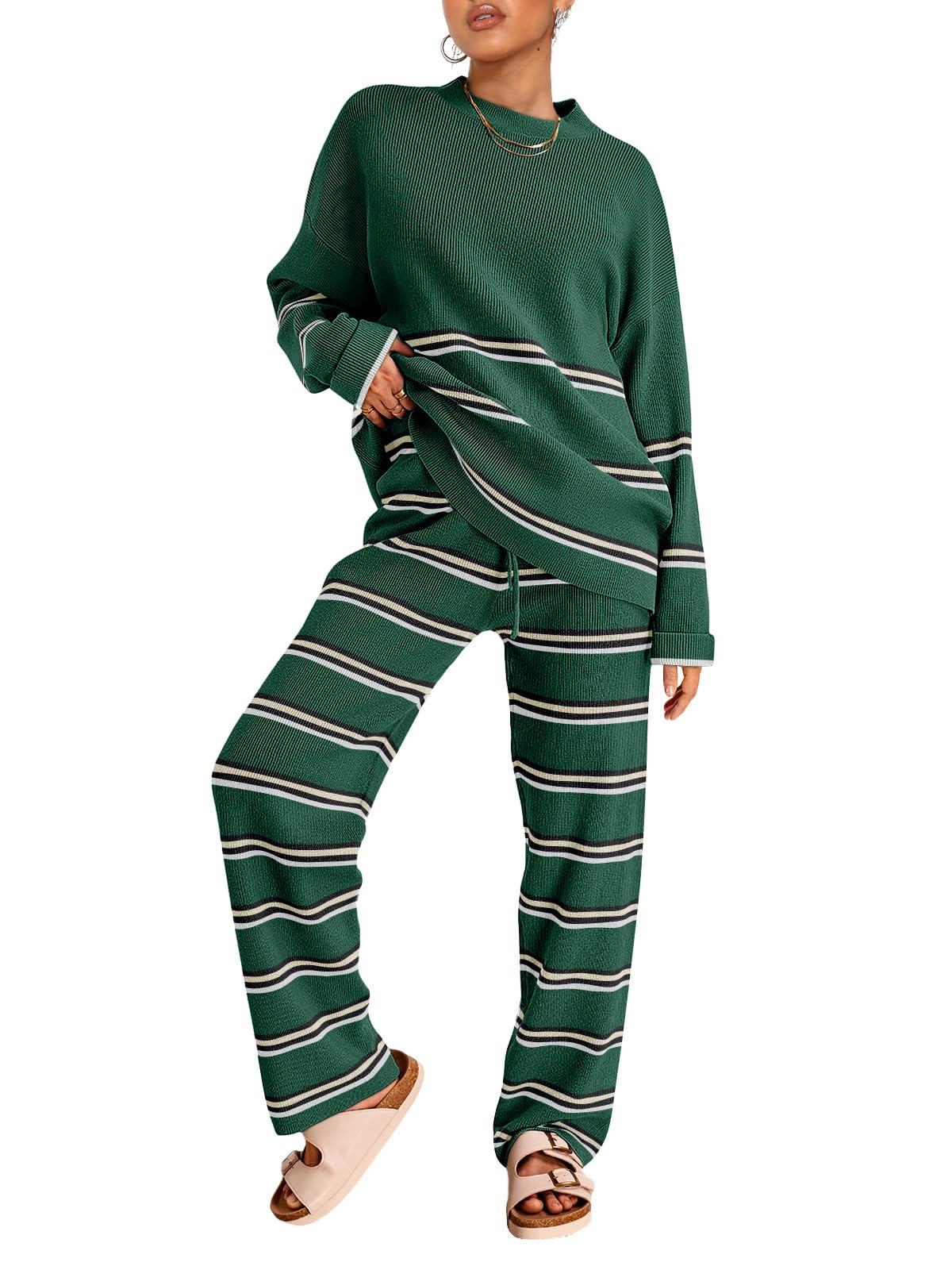 LILLUSORY 2 Piece Sets for Women 2025 Fall Outfits Two Piece Lounge Sets Sweatsuits Striped Knit Sweater Clothes Fashion StripesGreen M Image LILLUSORY 2 Piece Sets for Women 2025 Fall Outfits Two Piece Lounge Sets Sweatsuits Striped Knit Sweater Clothes Fashion StripesGreen M Image