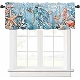RisQiten Blue Coastal Sea Turtle Valances for Windows, Summer Beach Kitchen Curtains Window Treatment, Ocean Sea Starfish Botanical Rod Pocket Short Window Valances for Living Room/Bedroom, 42" x 12"