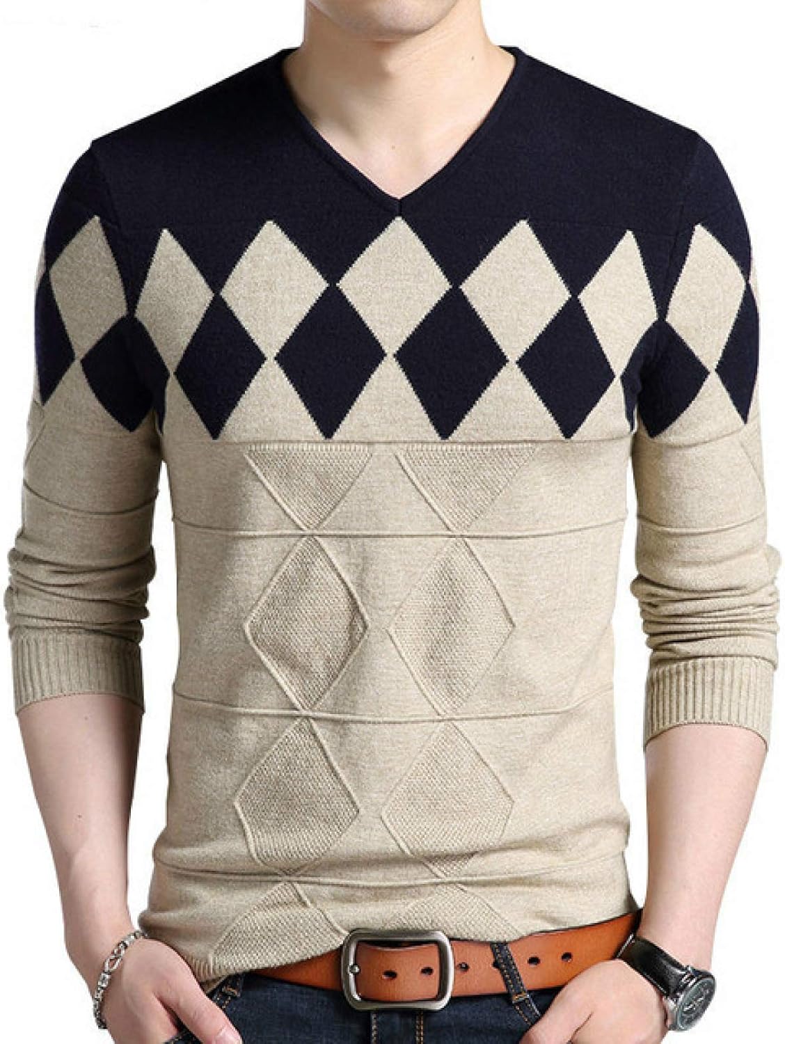 Mens VNeck Fashion Casual Style Jumper Knitwear Exquisite Geometry Colorblocked Jacquard