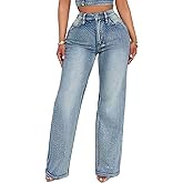 Geulis Womens Rhinestone Jeans Sparkly Glitter High Waisted Straight Leg Jeans Y2k Denim Pants Streetwear