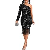 dasmzper Women Sexy Sequin One Shoulder Long Sleeve Tassel Hem Bodycon Midi Dress Party Cocktail Dress