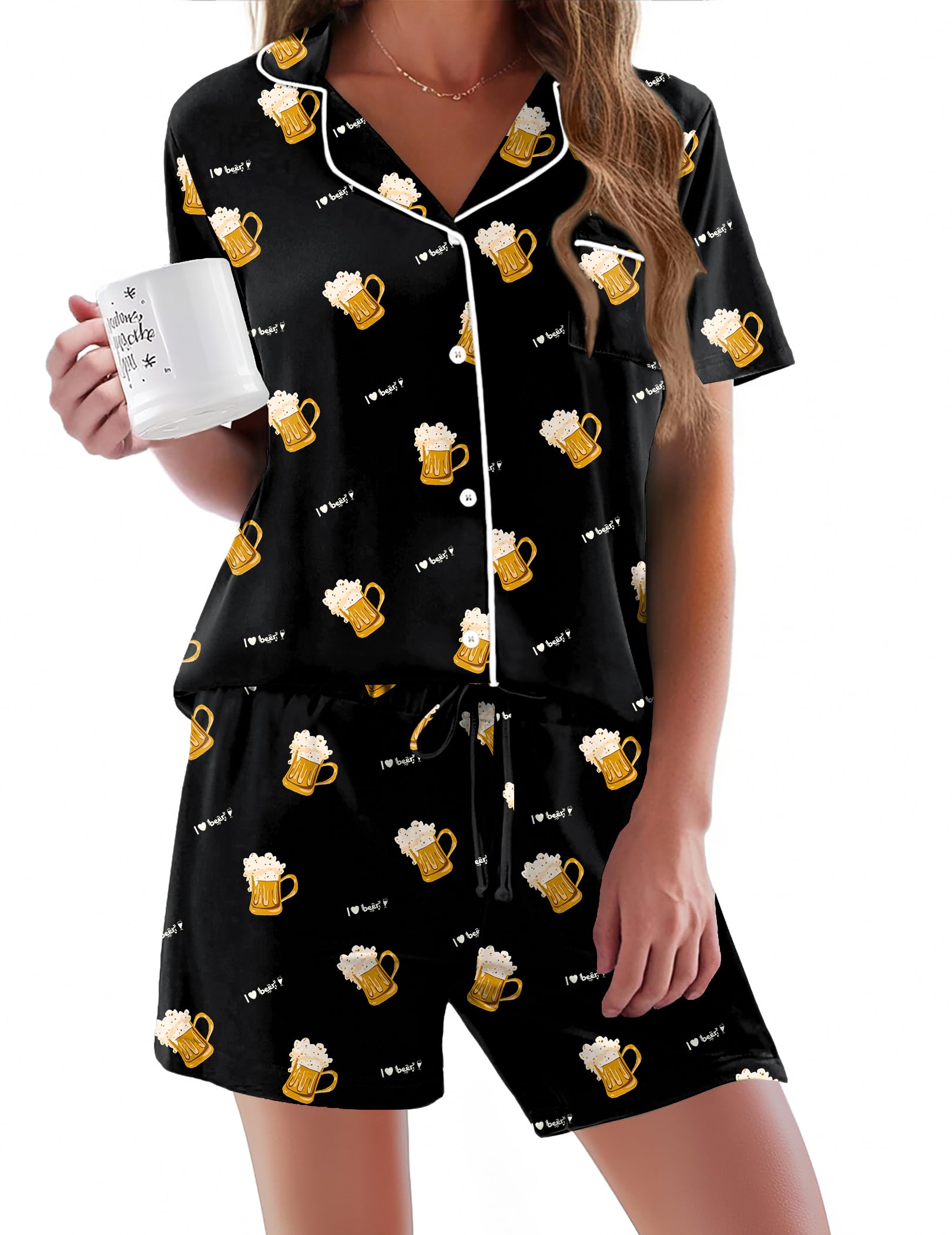 Ekouaer Pajama for Women Set Short Sleeve Sleepwear Button Down Pjs Soft 2 Piece Loungewear Black Beer Print Large Image