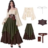 Halo Opal Renaissance Costume Women 6 Piece Medieval Outfit | Medieval Pirate Cosplay, Victorian Ren Faire Dress, Halloween Cosplay, Peasant Layered Skirt, Bell Sleeve Off Shoulder Top