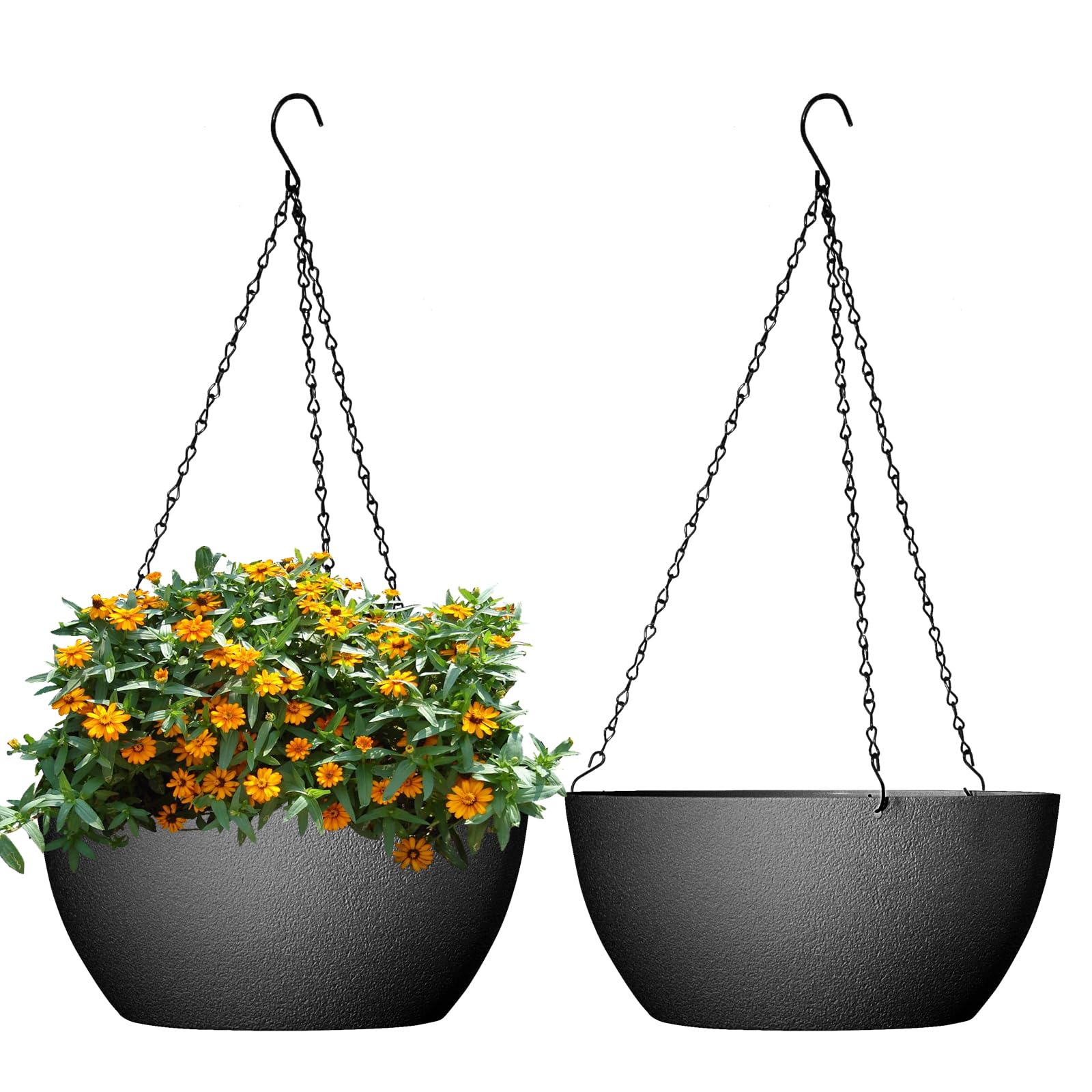 Photo 1 of WSMKSZ 10 inch Hanging Planters for Outdoor Indoor Plants with Drainage Holes and Chain, 2 Pack Round Hanging Flower Pots for Garden Home Porch Decor, Black