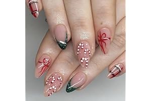 SEVGOB Christmas Press on Nails Medium Almond Fake Nails with Gift Design Green Glitter French Tips Glue on Nails Red Canes Stick on Nail Winter Xmas False Nail for Women Girls Holiday Manicure 24pcs
