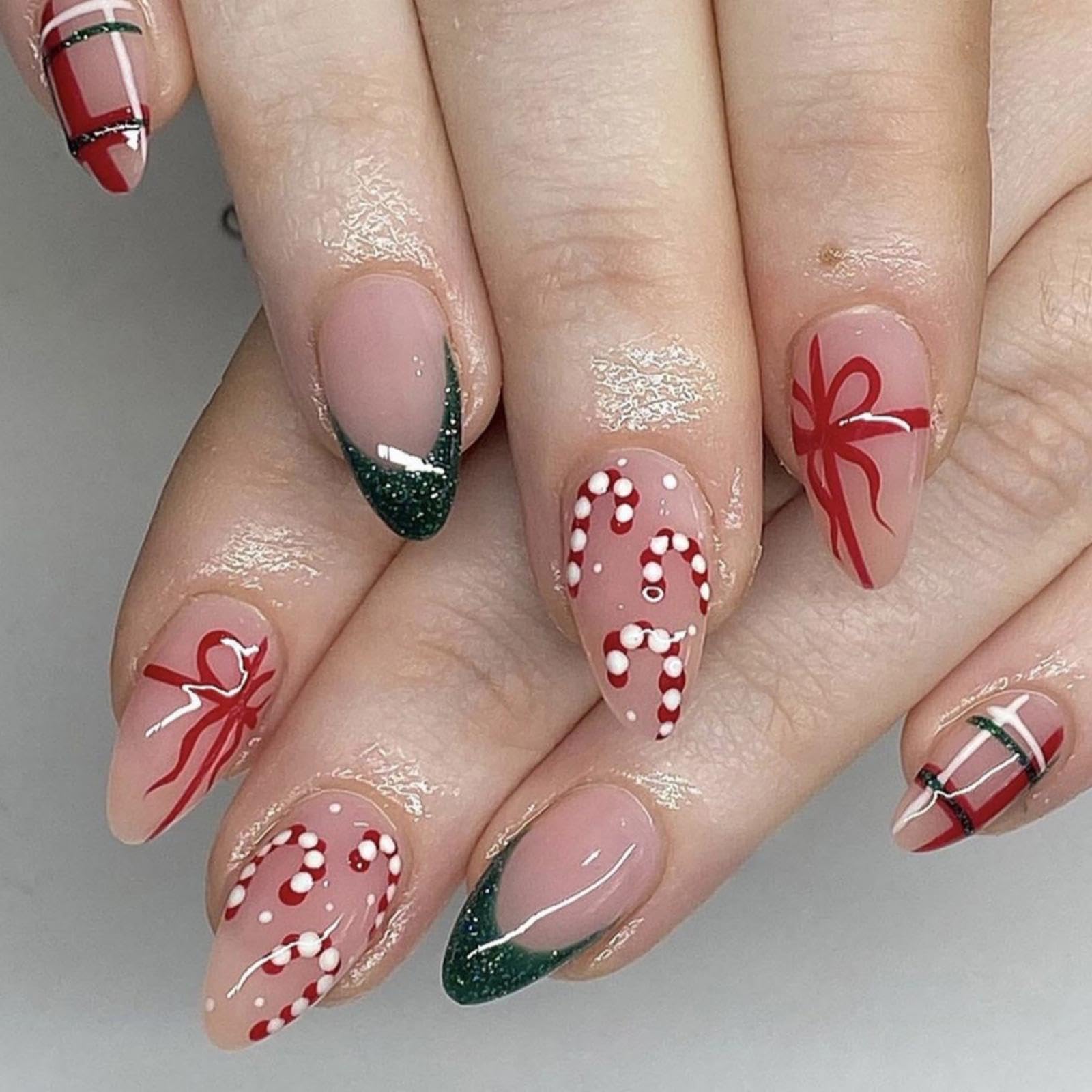 Christmas Press On Medium Almond Fake Nails with Gift Design Green Glitter French Tips Glue On Stick On Winter Xmas False Nails for Women Girls Holiday Manicure 24pcs