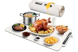 Qimh Food Warming Mat, Silicone Food Warmer for Parties Buffet, Full Surface Electric Warming Tray with 4 Temps & 10s Rapid Heating, Portable Food Heater for Gathering, Kitchen, Everyday Use (Beige)