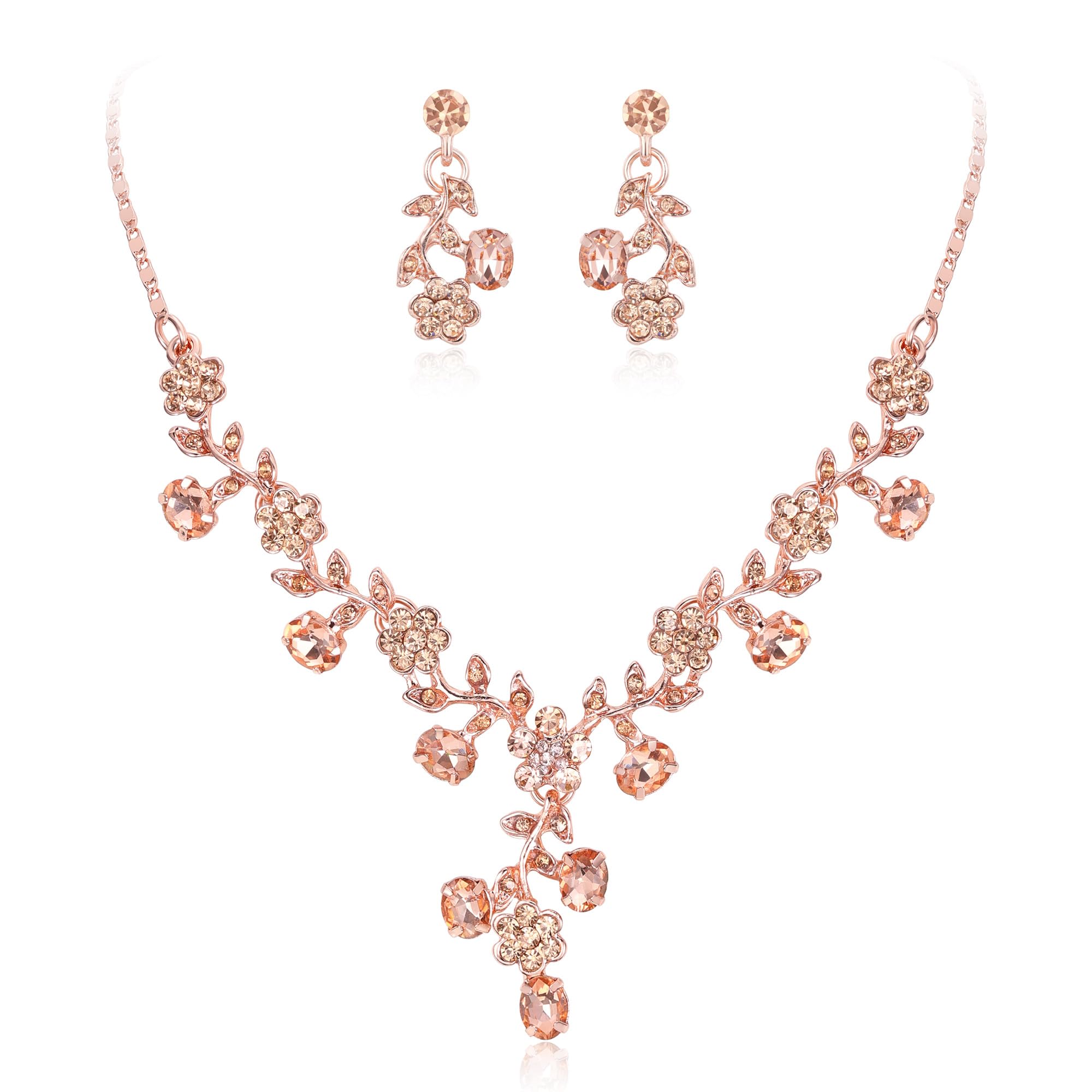 Ever Faith Austrian Crystal Wedding Flower Leaf Necklace Earrings Set Champange Color