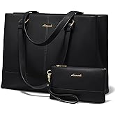 LOVEVOOK Laptop Tote Bag for Women 15.6 Inch Work Bag Leather Laptop Purse with Clutch, Large Computer Briefcase Bag for Office Business Teacher Black