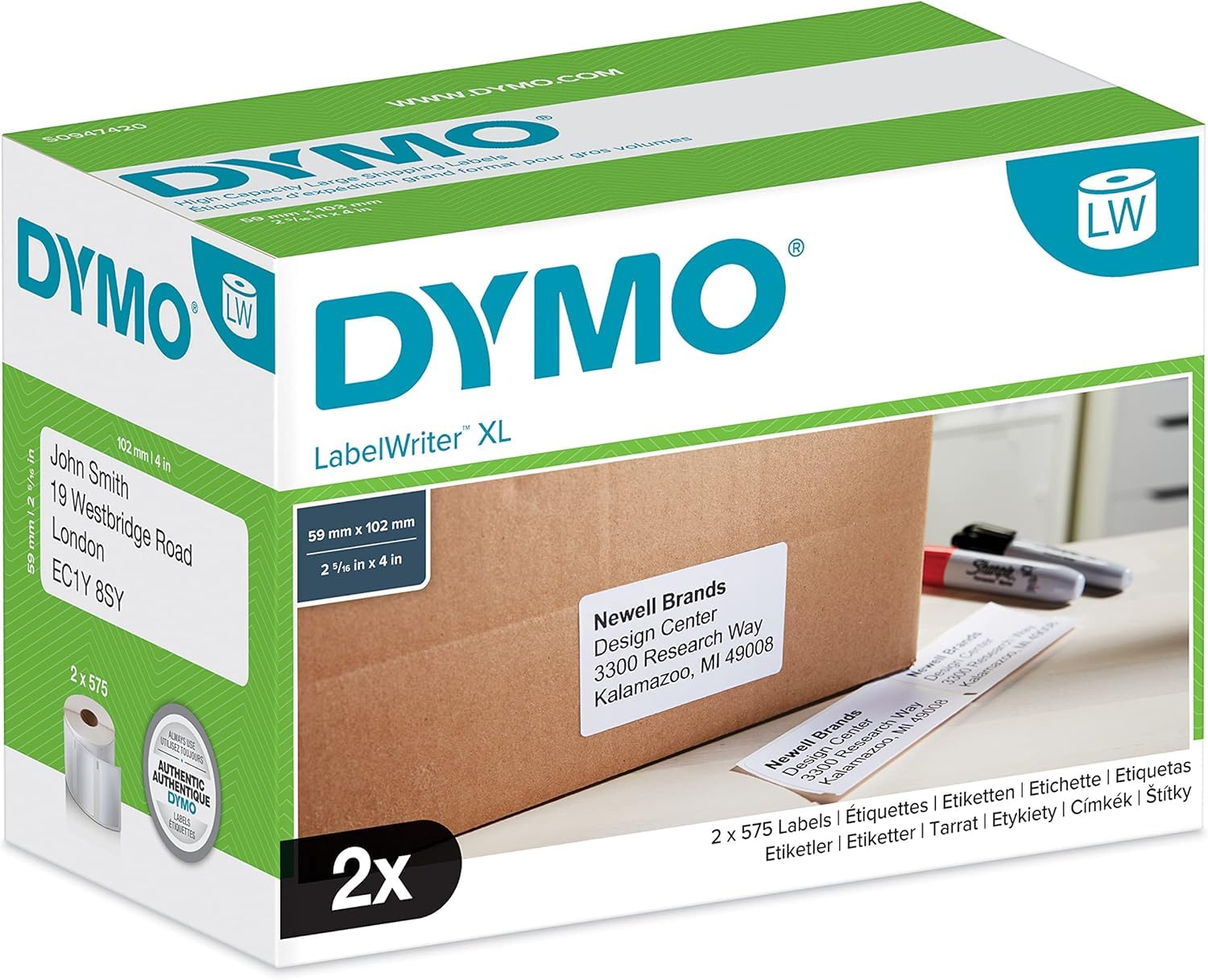 DYMO Authentic LabelWriter High-Capacity Shipping Labels | (59 mm x 102 mm) | 2 Rolls of 575 Easy-Peel Labels (1,150 Mailing Labels) | Self-Adhesive | for LabelWriter 4XL/5XL Label Makers