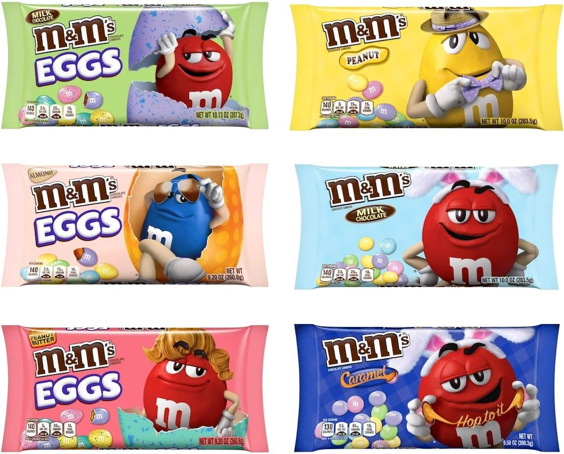 M&MS Chocolate Easter Candy Variety Pack of 6 Flavors - Milk Chocolate, Almond Eggs, Peanut, Milk Chocolate Eggs, Peanut Butter Eggs, and Caramel - 58.03 oz Total of Bulk M&Ms Easter Eggs