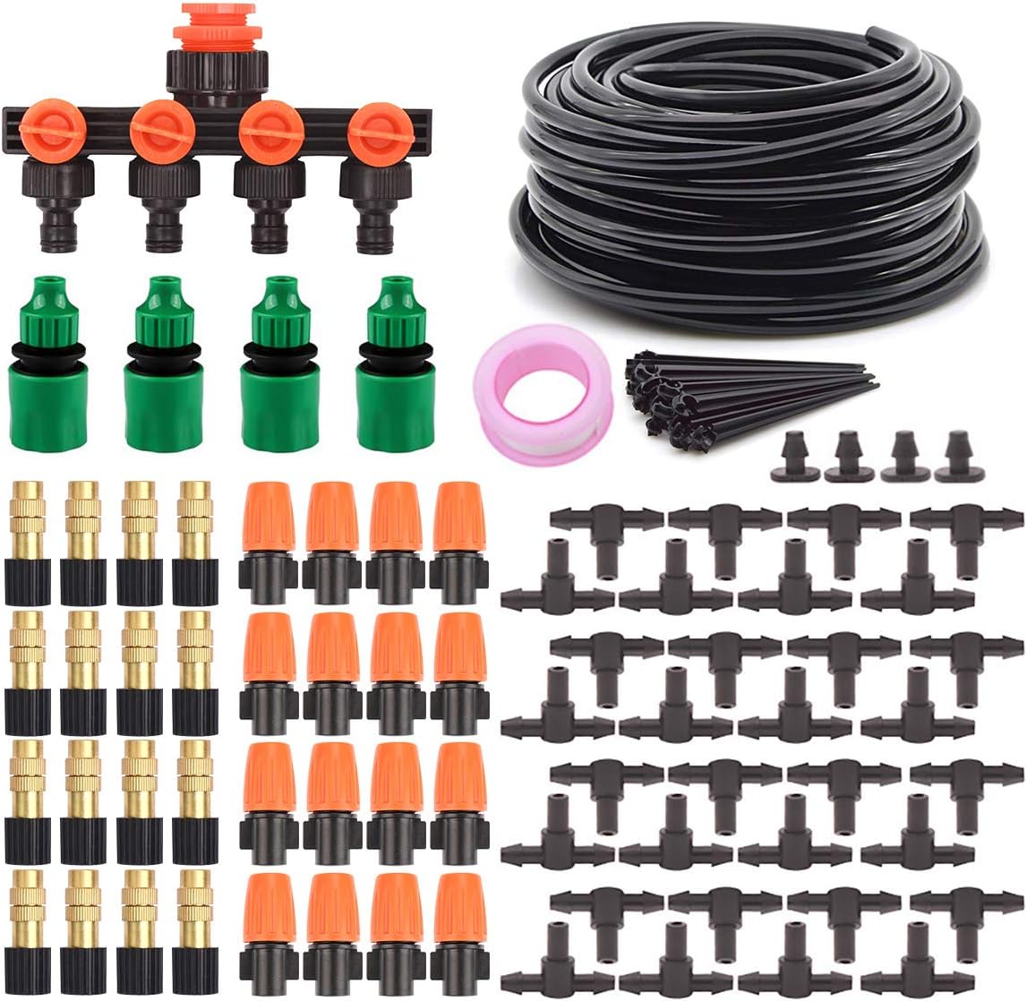 DricRoda Drip Irrigation Kits, 131ft Irrigation Set DIY Micro Automatic Watering System with 4 Way Water Splitter, 1/4 inches Distribution Tubing Hose for Garden, Greenhouse