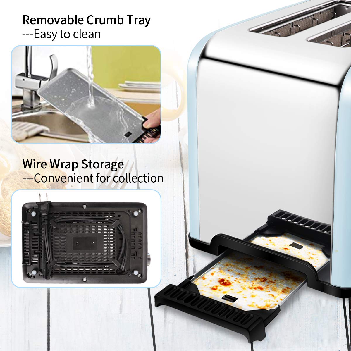2-Scheiben-Toaster, Keenstone toaster edelstahl aus rostfreiem Stahl mit Abbrechen, Aufwärmen, Auftaufunktion, 6 Bräunungskontrolle, herausnehmbarer Krümelschublade Blau